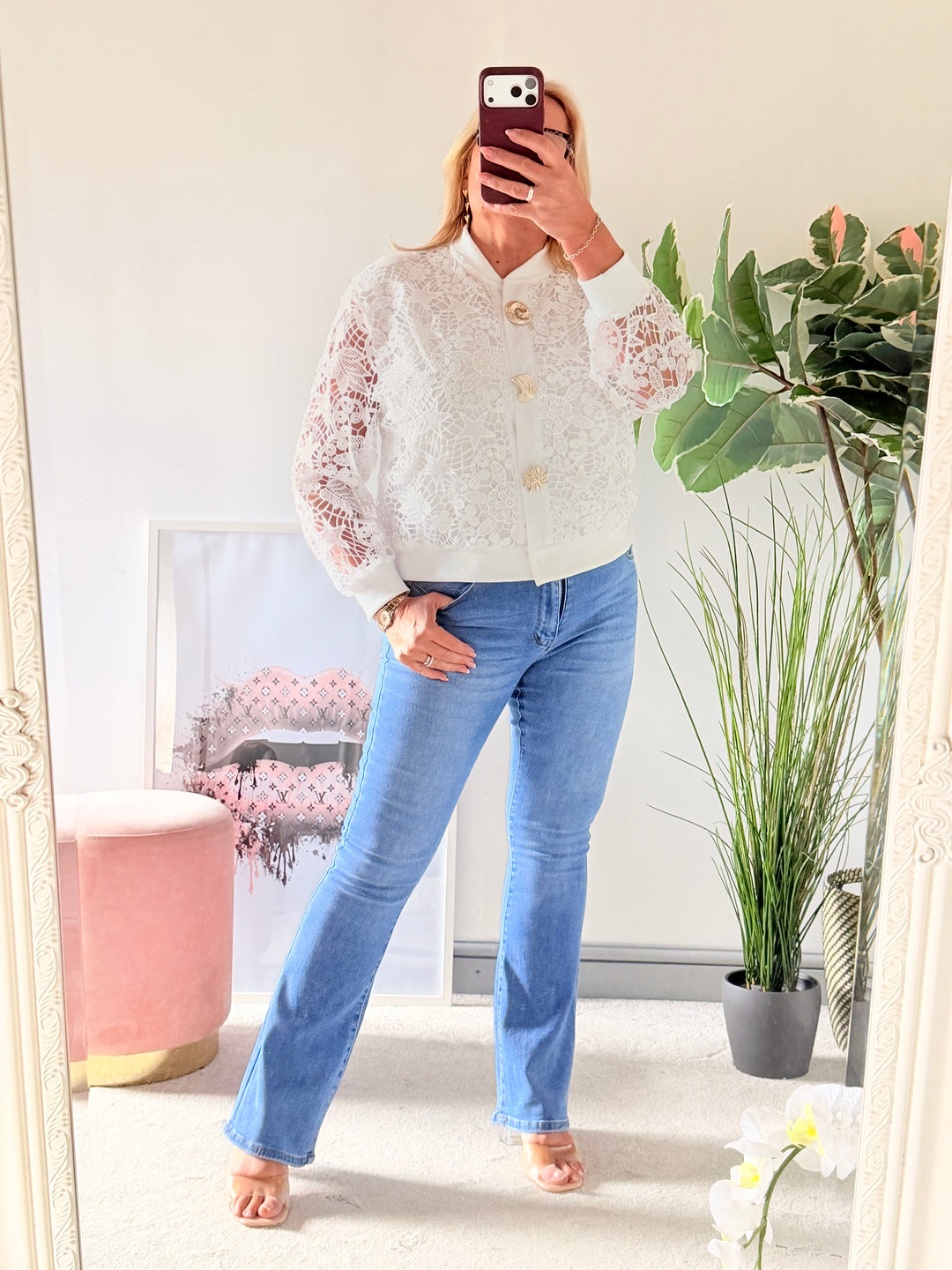 Ladies Fashion White Crochet Bomber Jacket