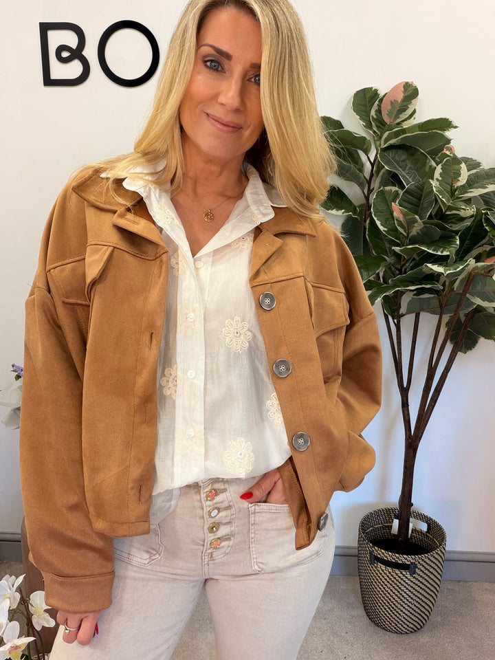 Ladies Fashion Faux Suede Bomber Jacket - camel, brown & lime