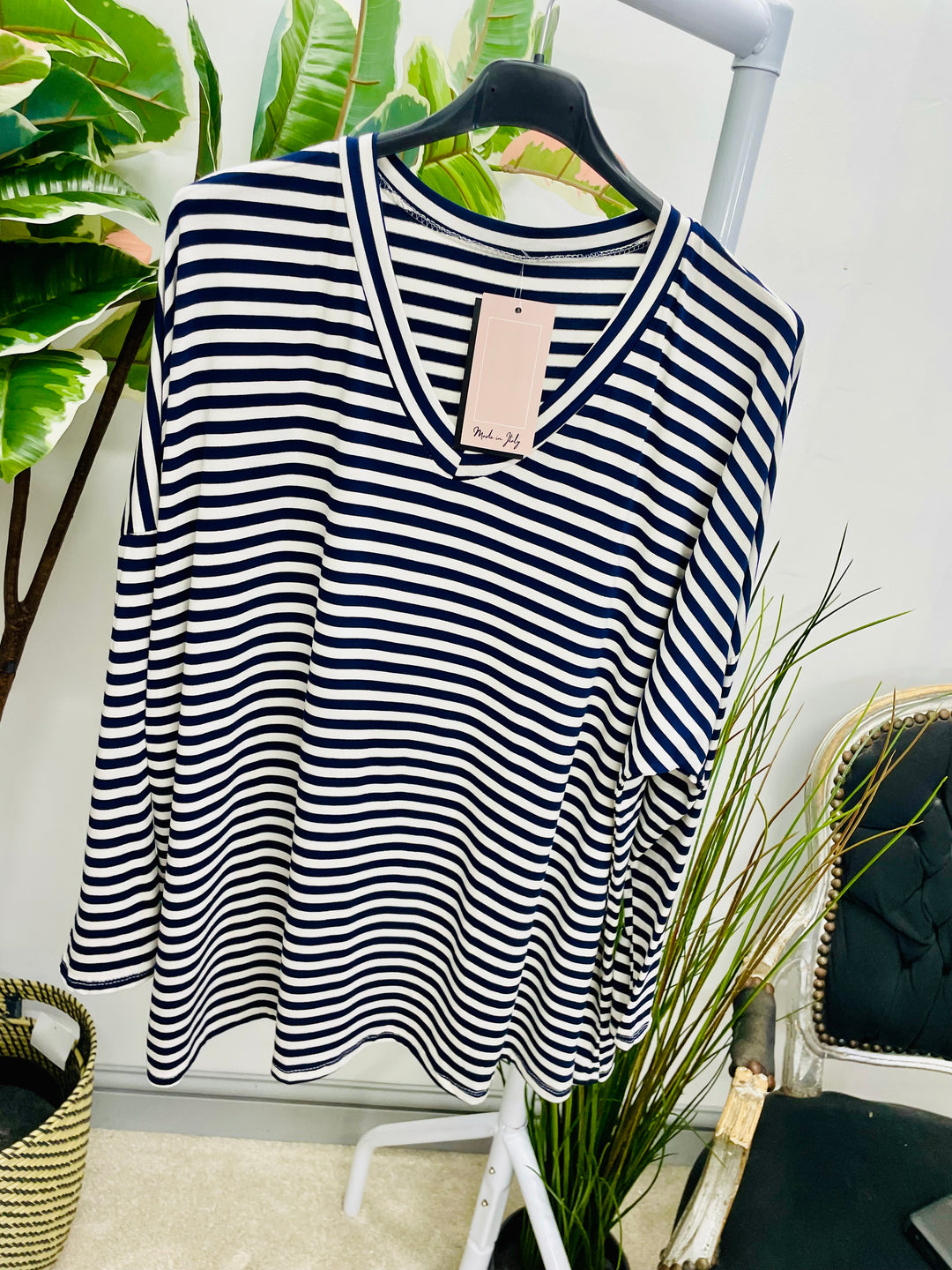 LADIES CASUAL STRIPE LOOSE FIT TOP - KHAKI, NAVY, WINE, BLACK & BROWN