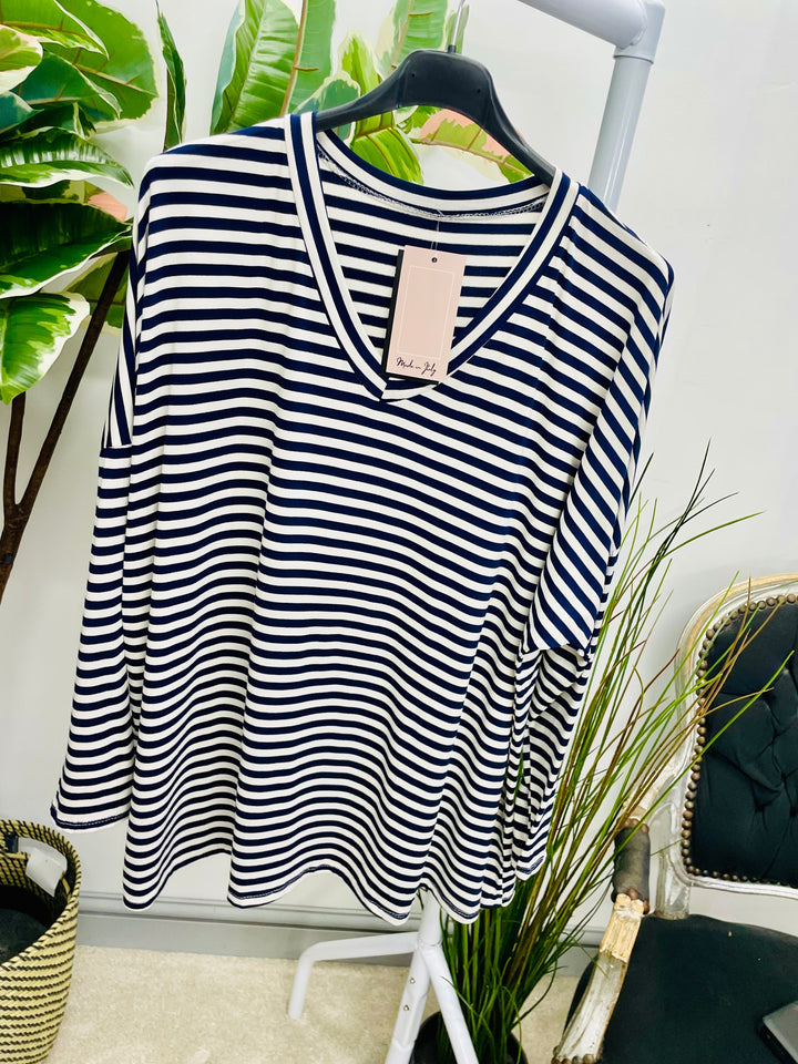 LADIES CASUAL STRIPE LOOSE FIT TOP - KHAKI, NAVY, WINE, BLACK & BROWN