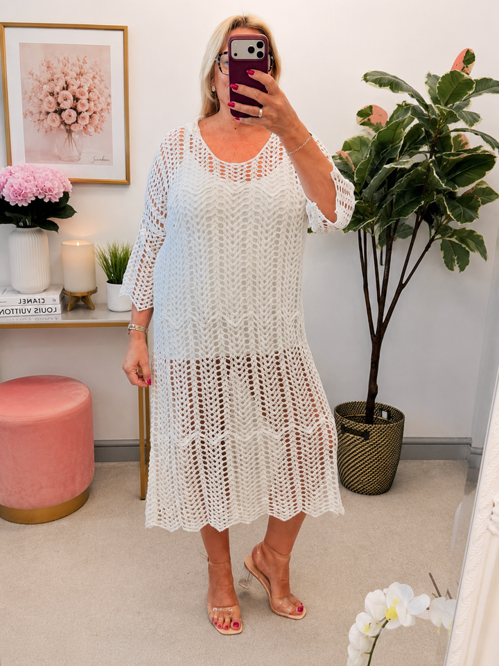 Ladies White Crochet Beach Swimwear Cover Up Dress