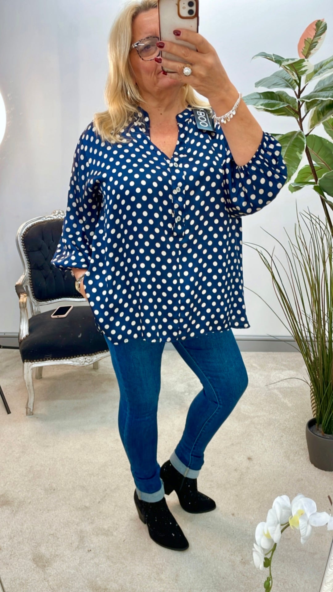 LADIES POLKA DOT SATIN BLOUSE SHIRT - NAVY, BROWN & BLACK
