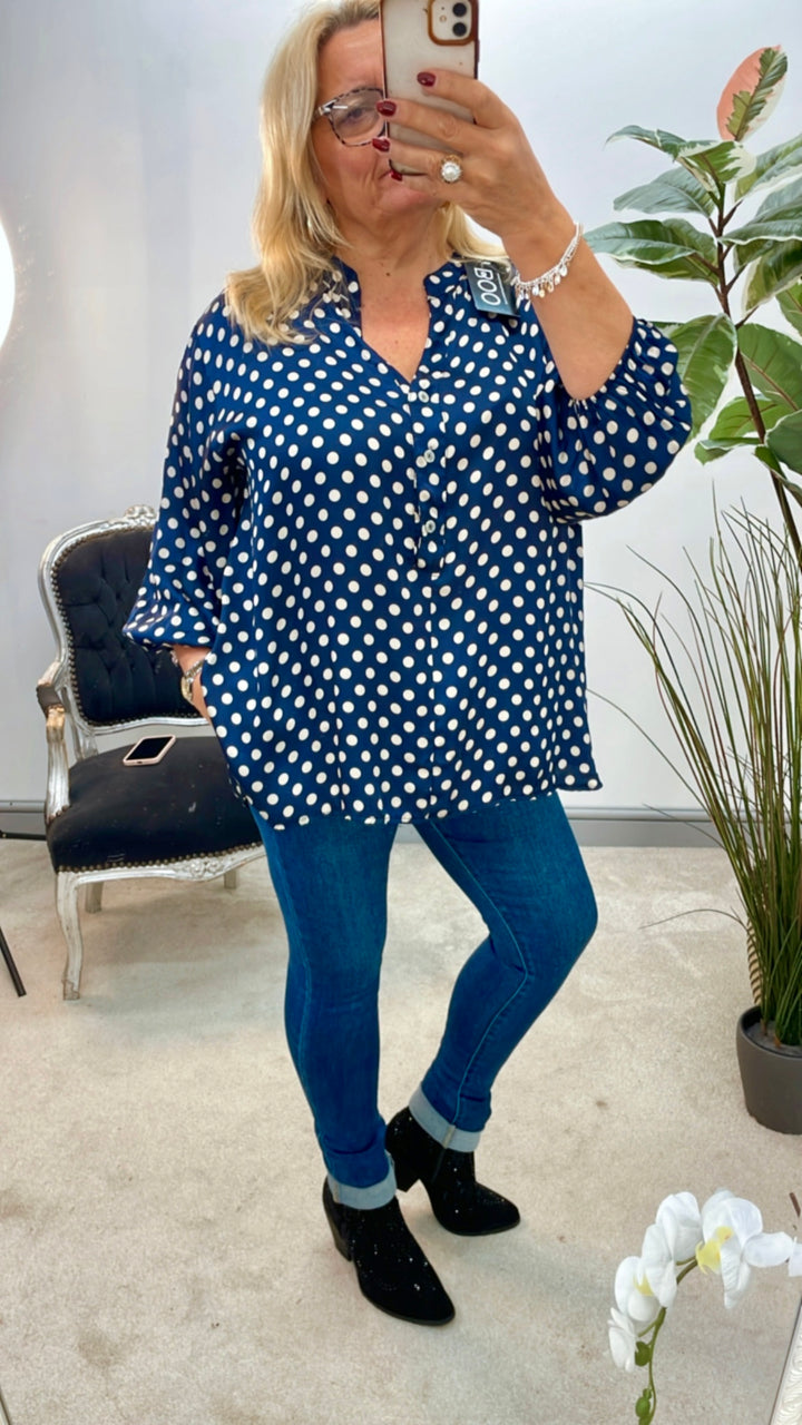 LADIES POLKA DOT SATIN BLOUSE SHIRT - NAVY, BROWN & BLACK