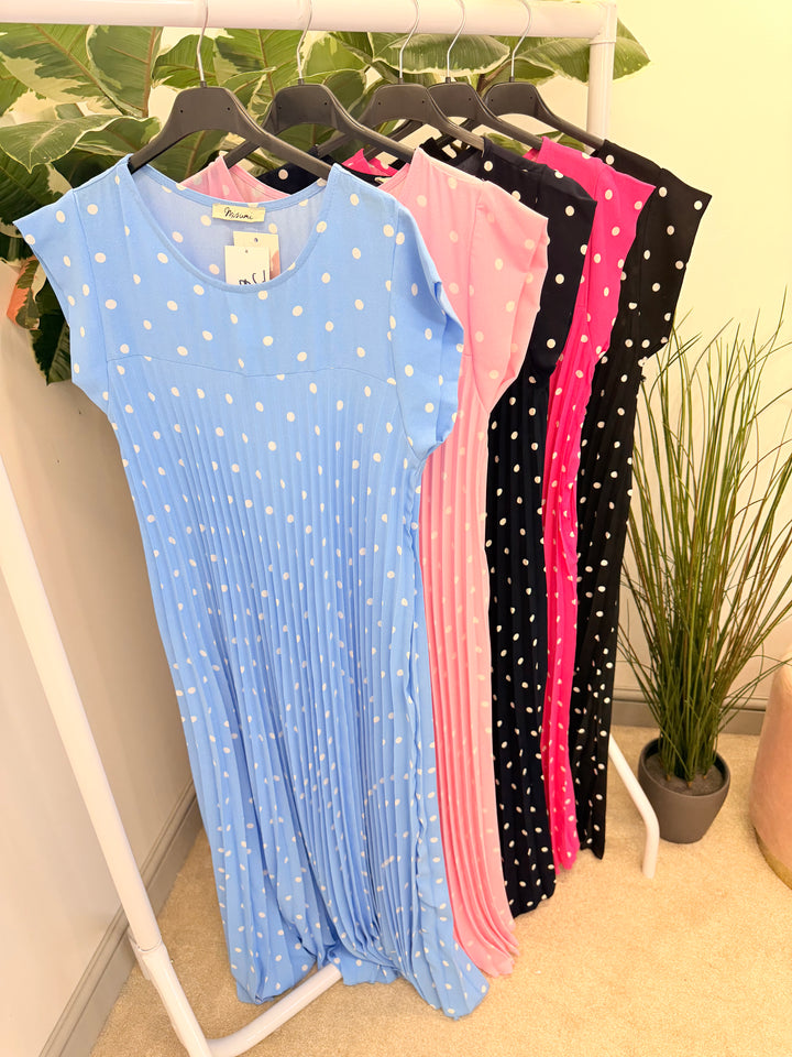 Ladies Polka Dot Summer Maxi Dress - Black, Navy, Pink, Fuschia, Blue