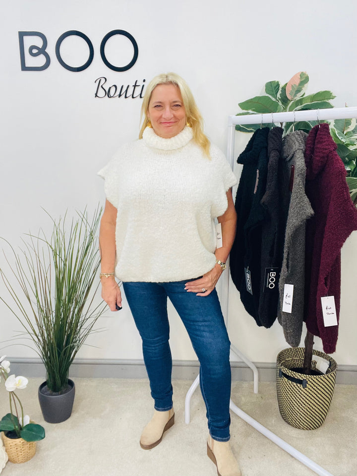 LADIES POPCORN KNIT ROLL NECK JUMPER - WHITE, BLACK, BROWN, BEIGE & BURGUNDY