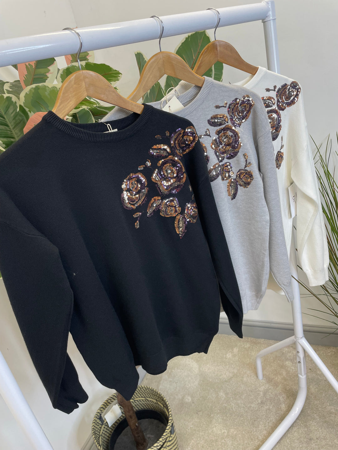 LADIES SEQUIN KNITTED JUMPER - BLACK, WHITE & GREY