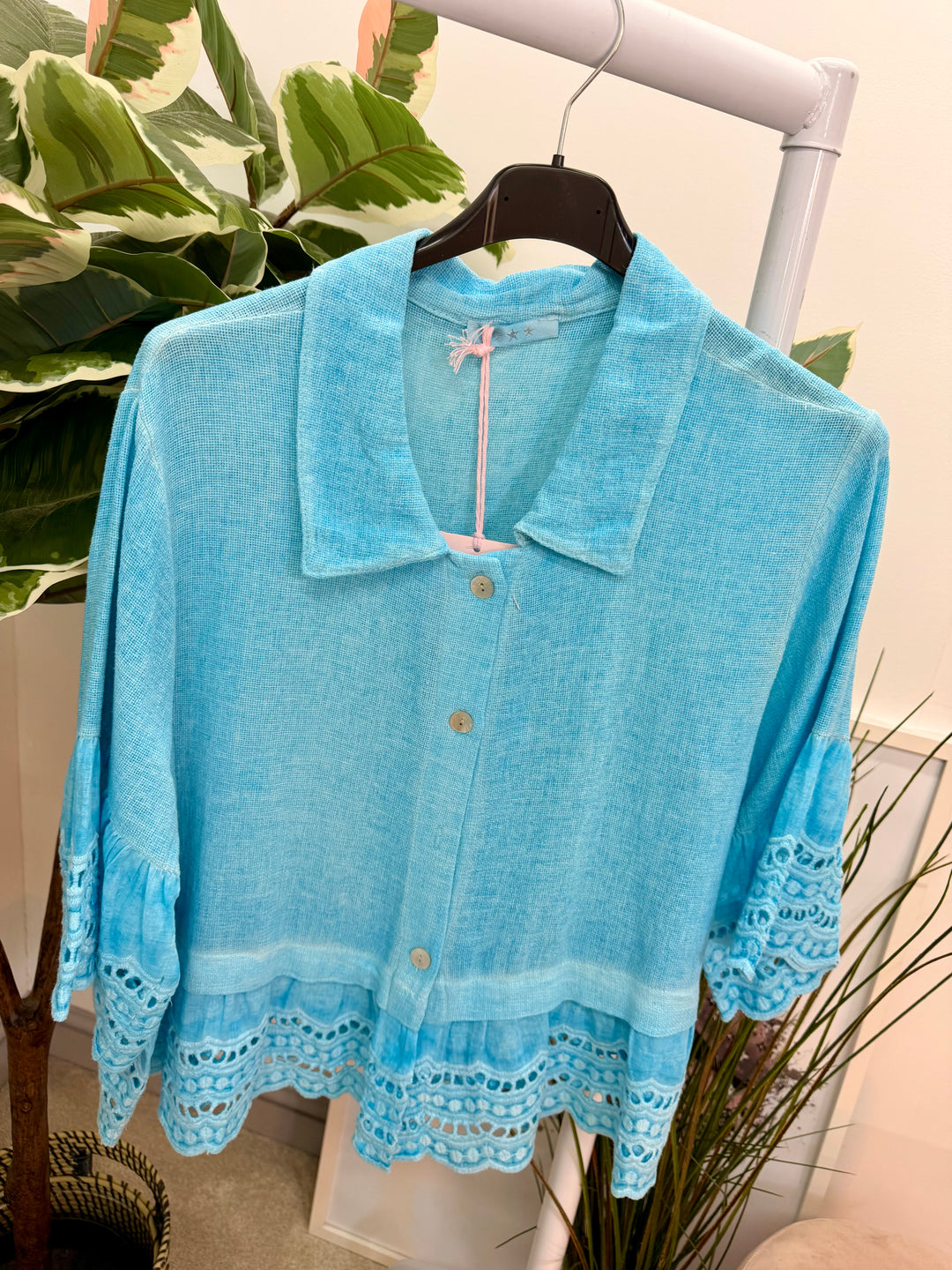 Ladies Fashion Broderie Anglaise Teabag Linen Top turquoise