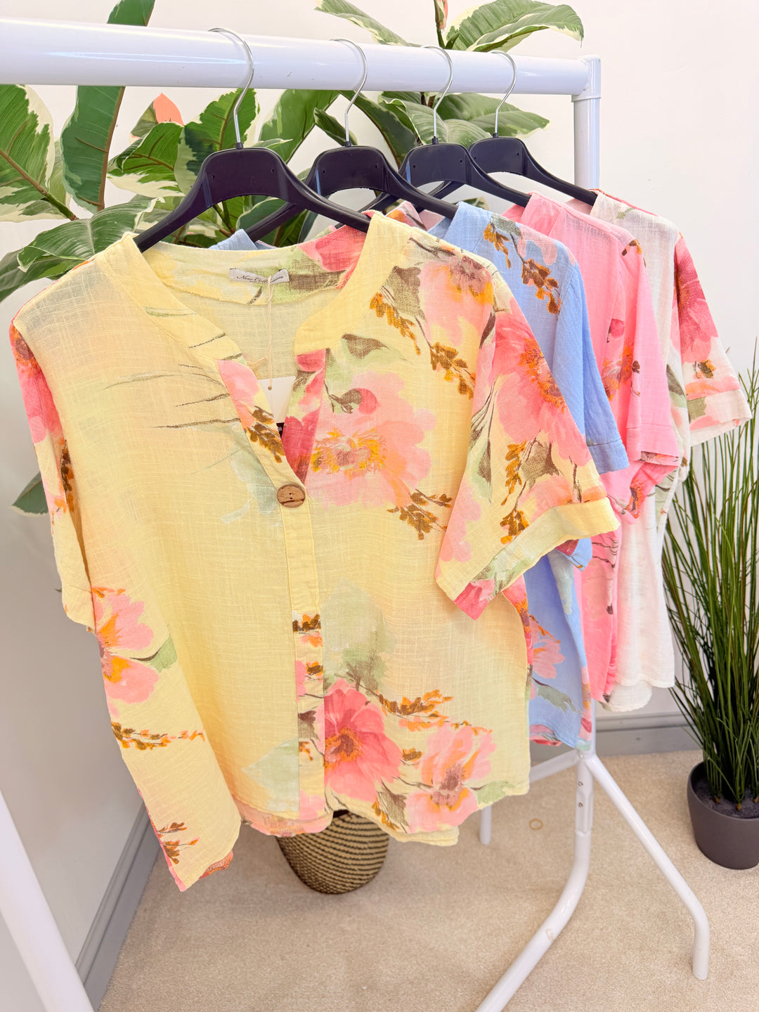 Ladies Fashion Light Linen Flower Print Grandad Shirt Top - Pink, Blue, White & Lemon