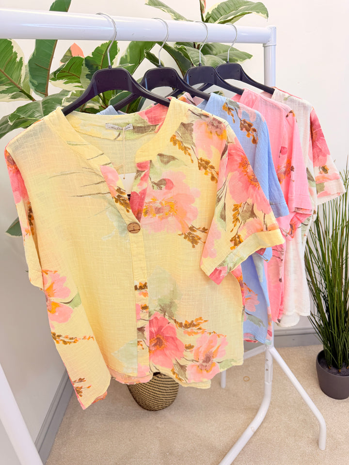 Ladies Fashion Light Linen Flower Print Grandad Shirt Top - Pink, Blue, White & Lemon