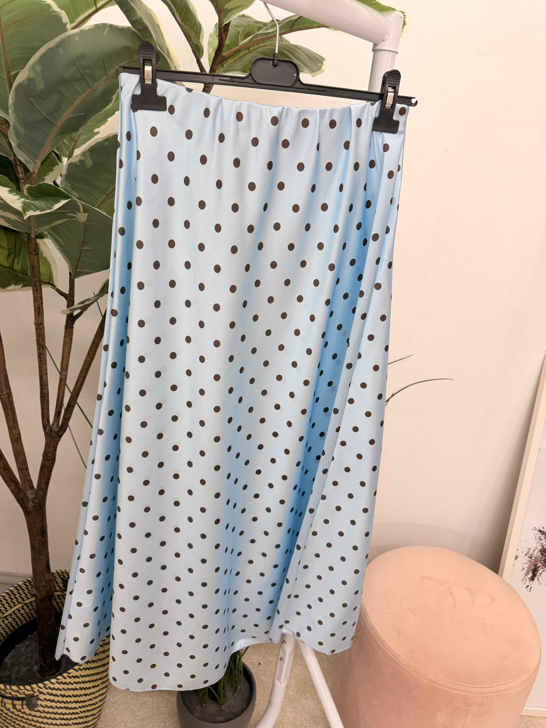 Ladies Satin Polka Dot Maxi Skirt - Black, White, Lemon, Blue & Pink