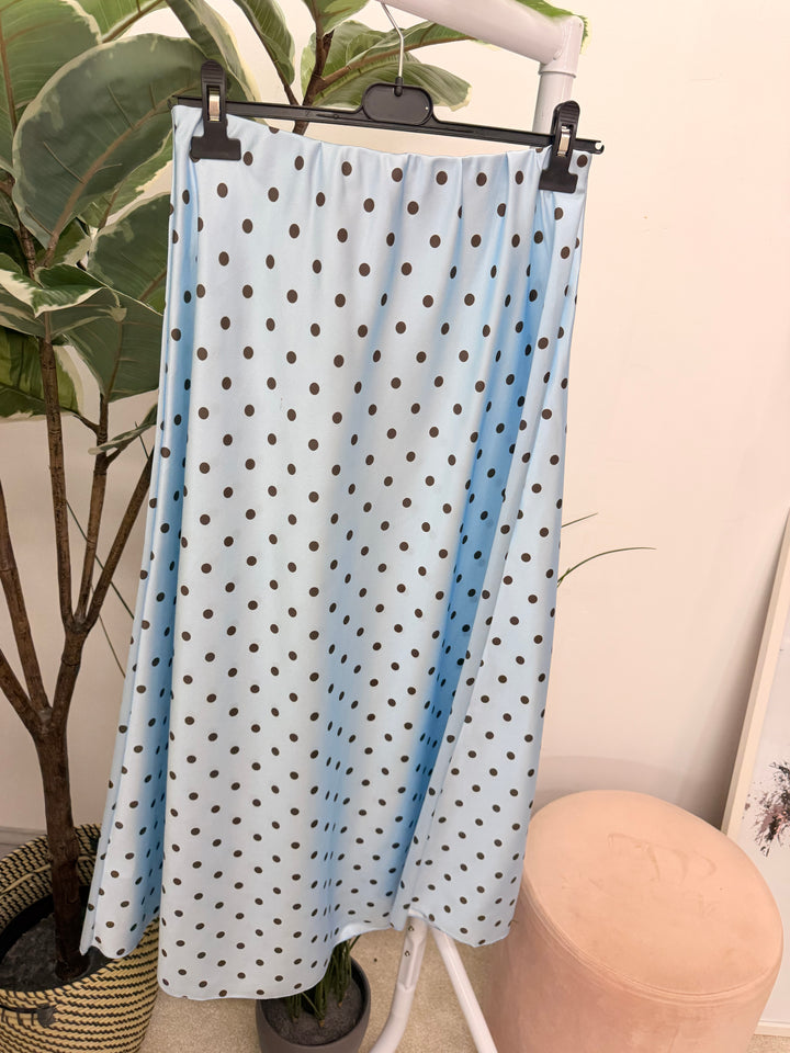 Ladies Satin Polka Dot Maxi Skirt - Black, White, Lemon, Blue & Pink