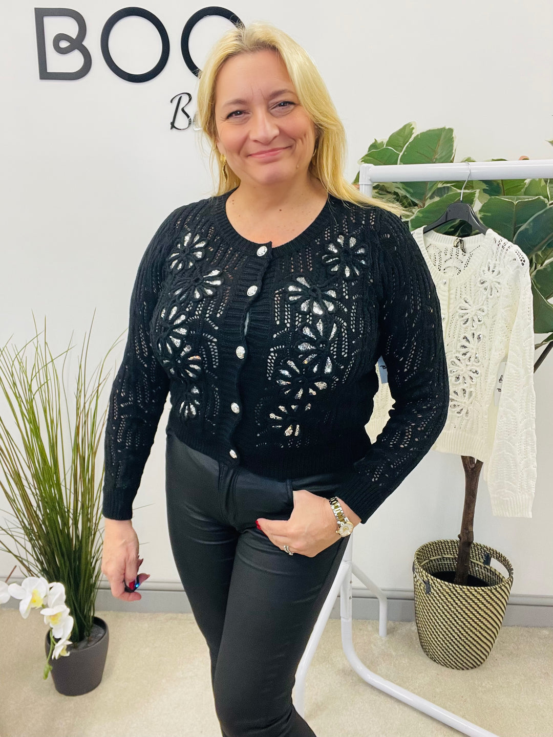 LADIES CROCHET SEQUIN CARDIGAN JUMPER - BLACK & WHITE