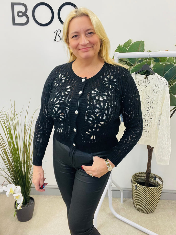 LADIES CROCHET SEQUIN CARDIGAN JUMPER - BLACK & WHITE