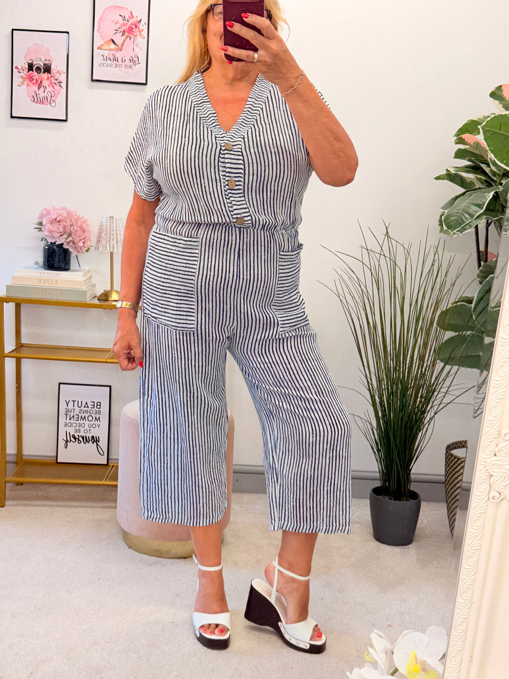 Ladies Linen Pinstripe Cropped Leg Jumpsuit - White, Navy & Beige