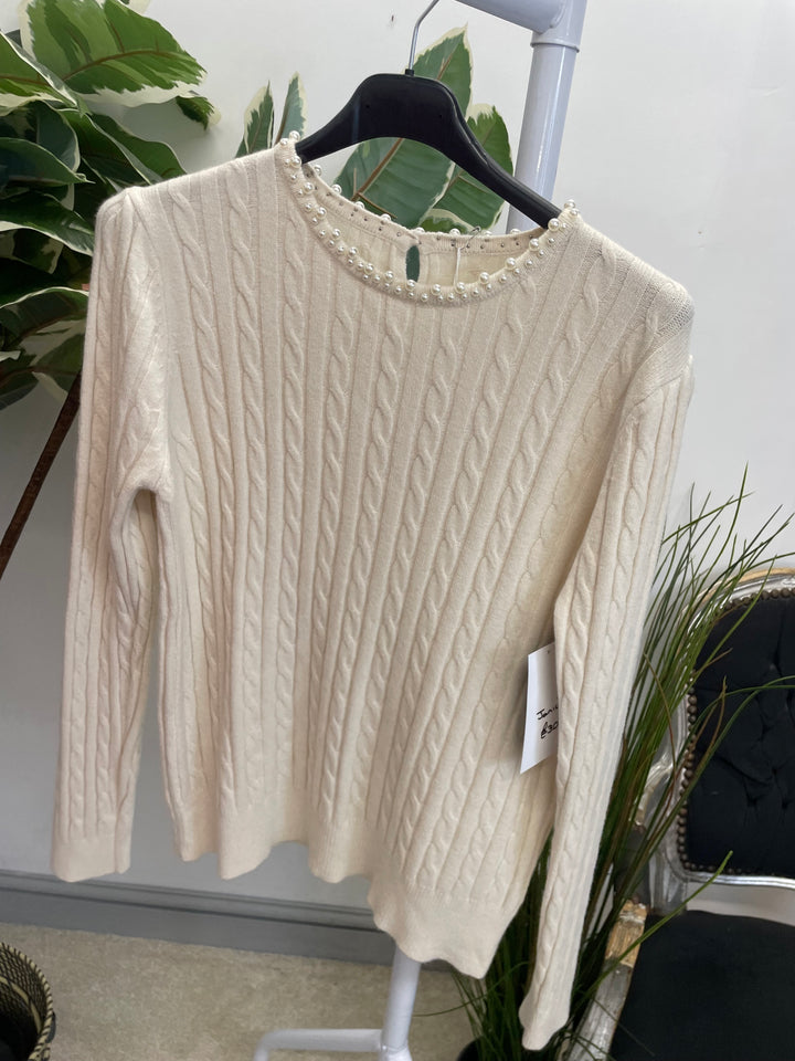 LADIES CABLE KNIT PEARL NECK JUMPER - BERRY, CREAM, BLACK, RED, BROWN