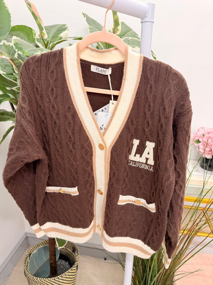 Womens Cable Knit Cricket Cardigan - Cream, Brown, Plum & Black