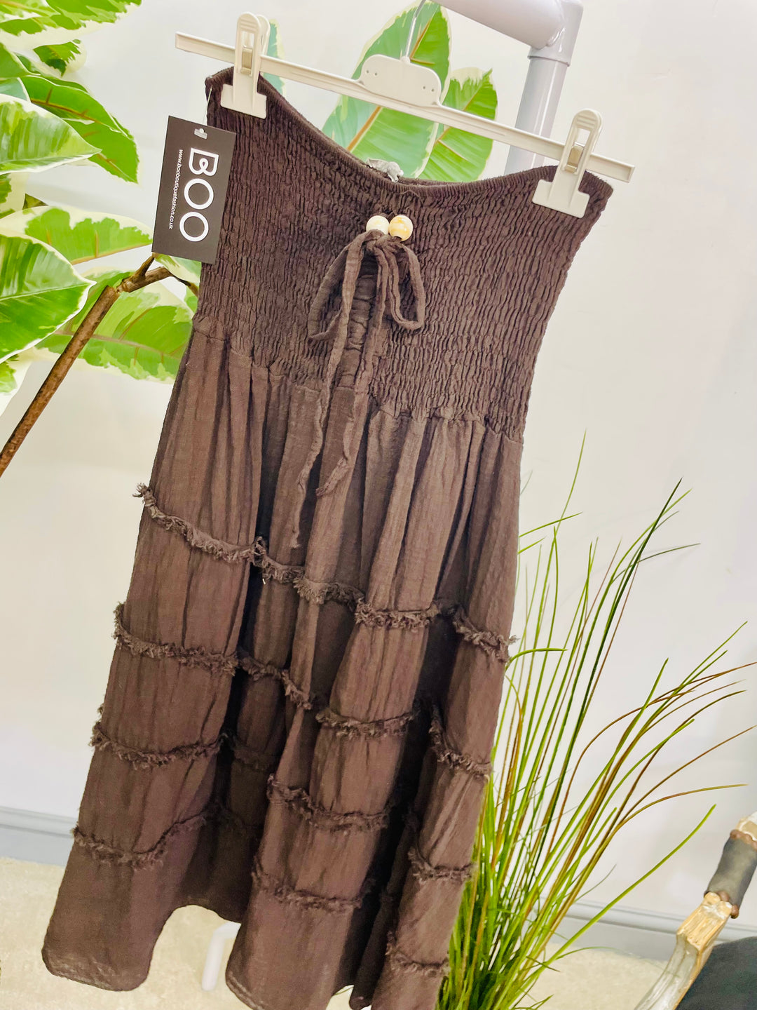 LADIES BOOBTUBE ELASTICATED SUMMER MIDI DRESS - BLUE, BEIGE, BROWN, KHAKI & RUST