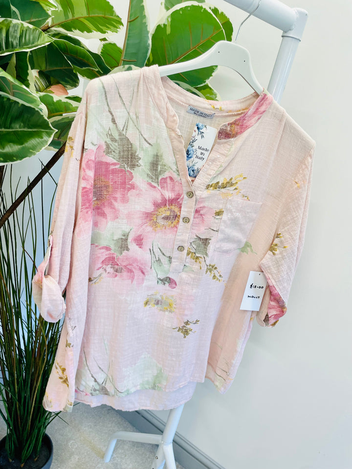 LADIES LIGHT LINEN FLORAL SUMMER TOP - PINK, WHITE, KHAKI, NAVY, YELLOW