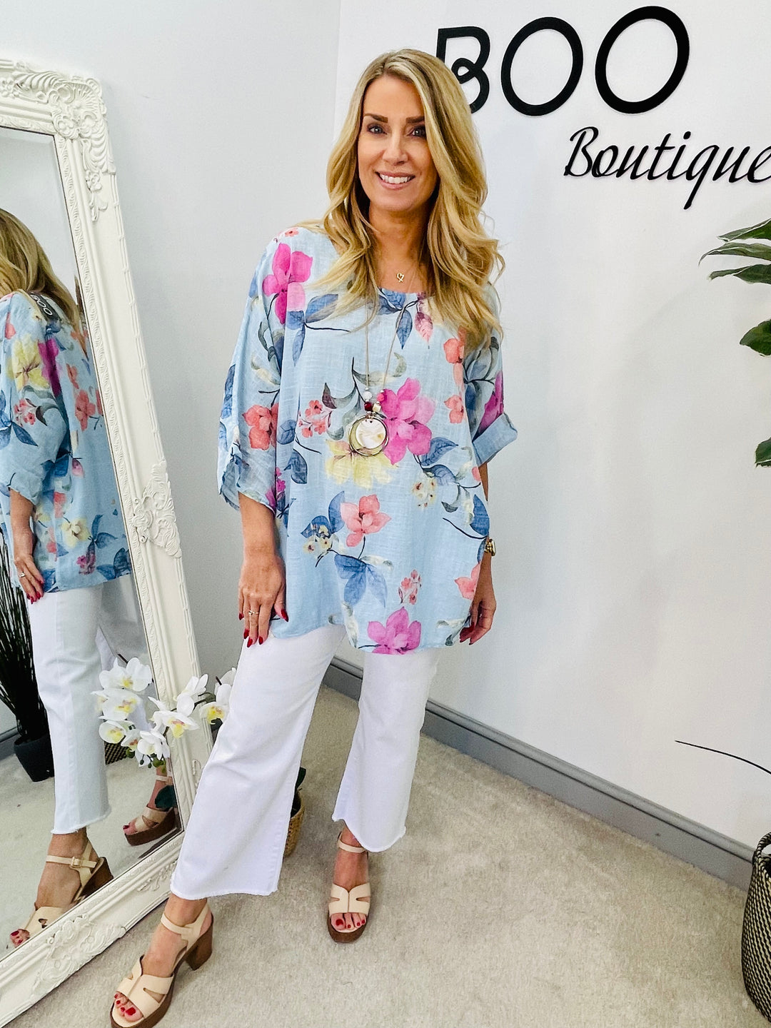 LADIES WOMENS FLORAL PRINT LINEN SUMMER TOP - PINK, ORANGE, BLUE, WHITE, YELLOW