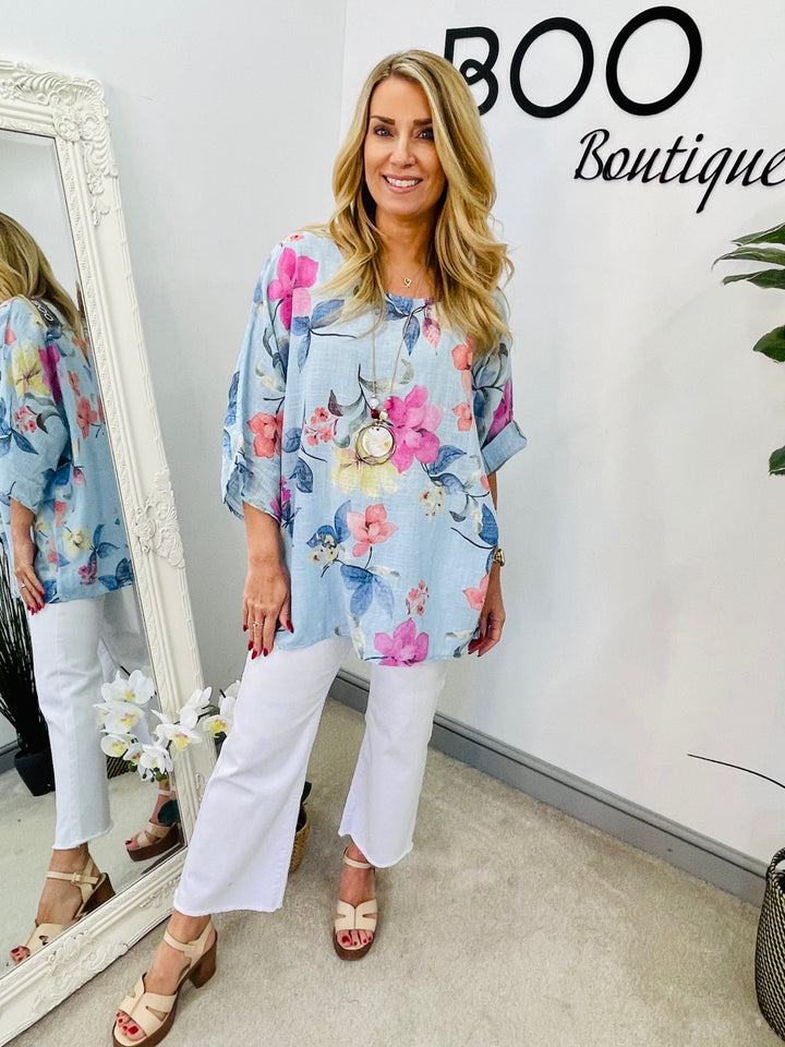 LADIES WOMENS FLORAL PRINT LINEN SUMMER TOP - PINK, ORANGE, BLUE, WHITE, YELLOW