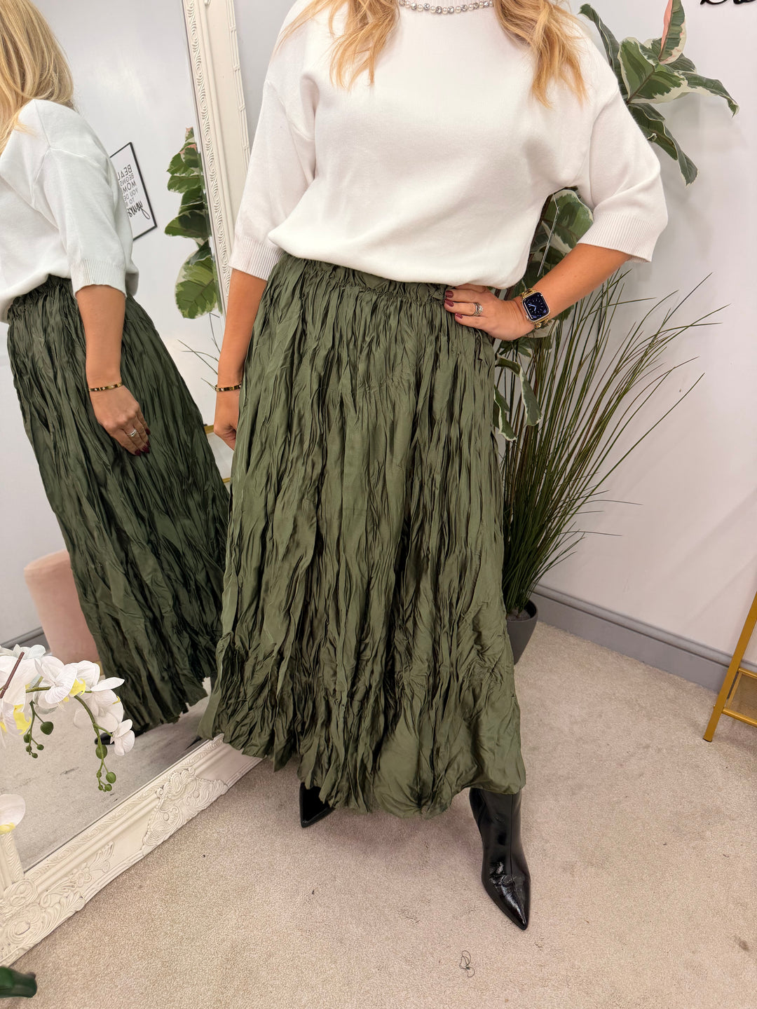 Ladies Fashion Satin Crinkle Maxi Skirt - Black, Navy, Brown, Khaki & Lime