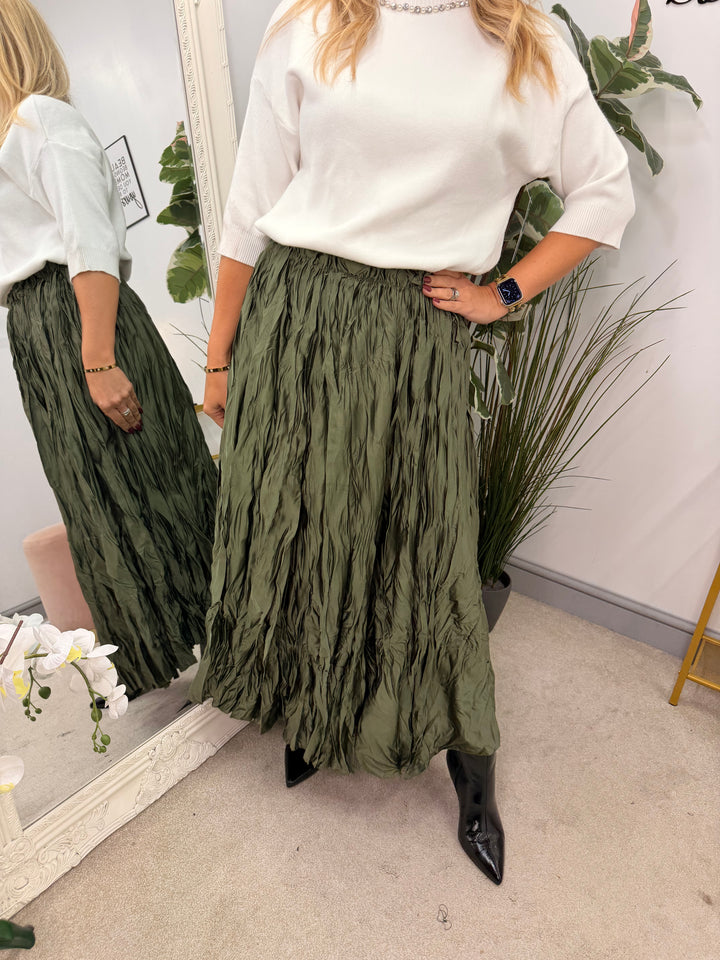 Ladies Fashion Satin Crinkle Maxi Skirt - Black, Navy, Brown, Khaki & Lime