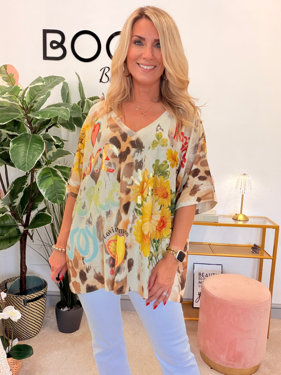 Ladies Lemon Print Lurex Oversize Top
