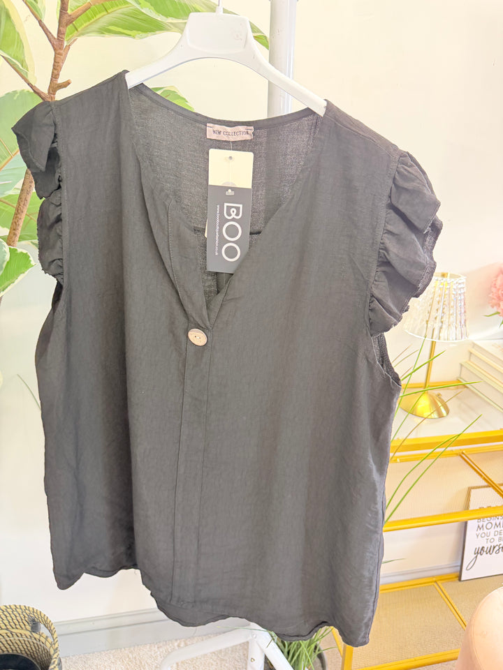Ladies Frill Sleeve Grandad Top - Blue, Pink, Brown, White, Black & Mocha