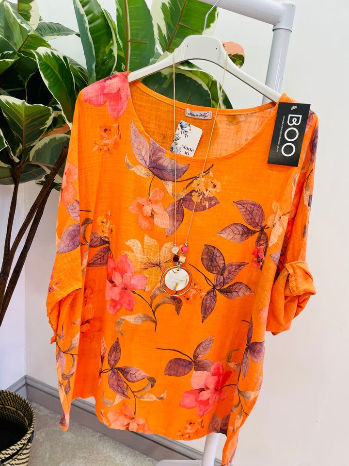 LADIES WOMENS FLORAL PRINT LINEN SUMMER TOP - PINK, ORANGE, BLUE, WHITE, YELLOW
