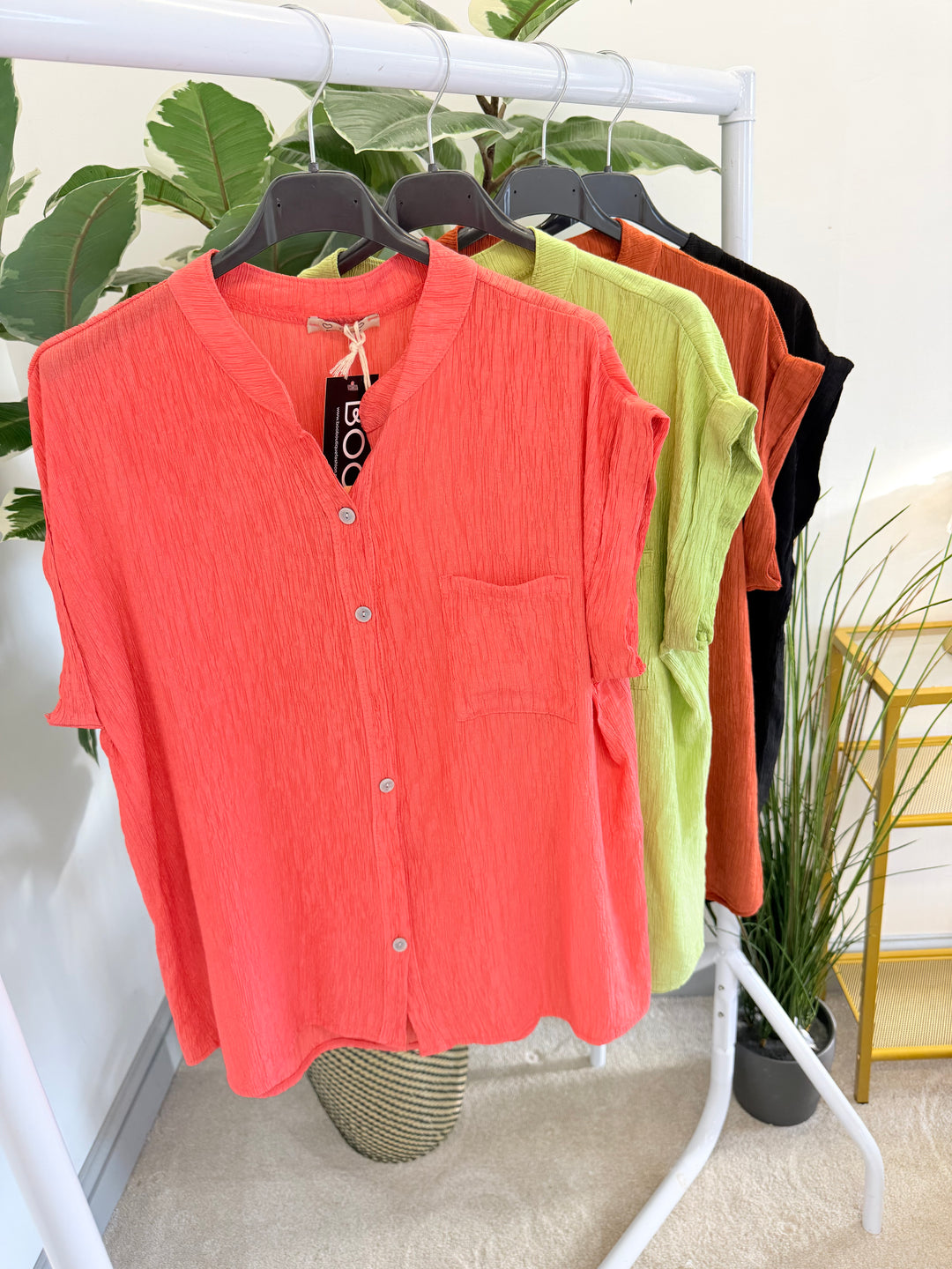 Ladies Non Crease Mandarin Blouse Shirt - Rust, Black, Lime, Orange