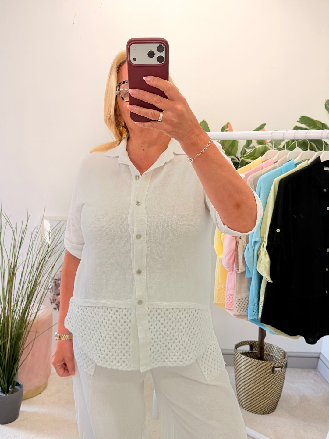 Ladies Teabag Linen Crochet Shirt Top white