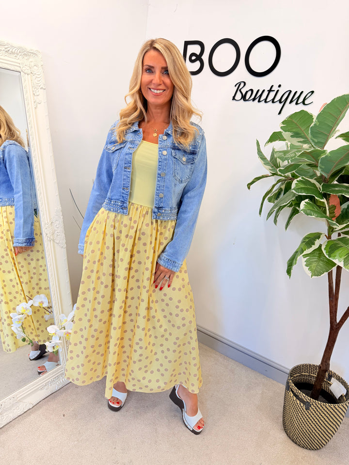 Ladies Fashion T Shirt Polka Dot Midi Dress - Blue, Pink, Black & Lemon