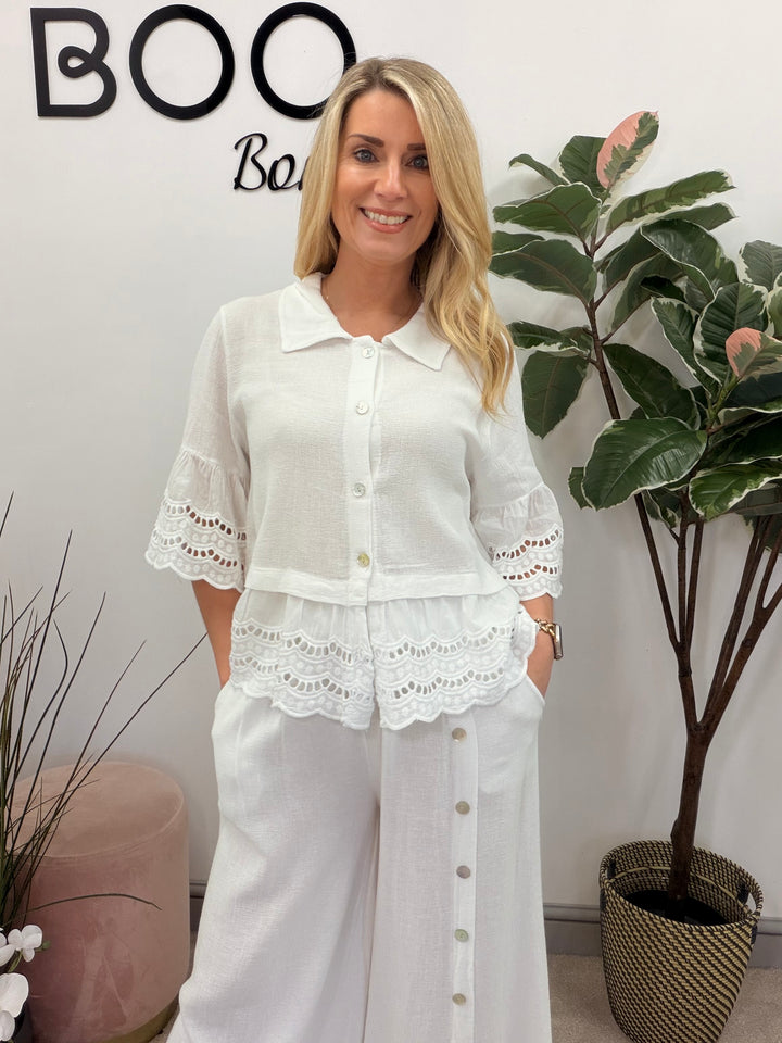 Ladies Fashion Broderie Anglaise Teabag Linen Top white