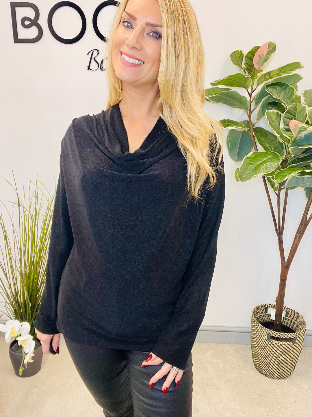 LADIES LUREX COWL NECK TOP - BLACK & BROWN