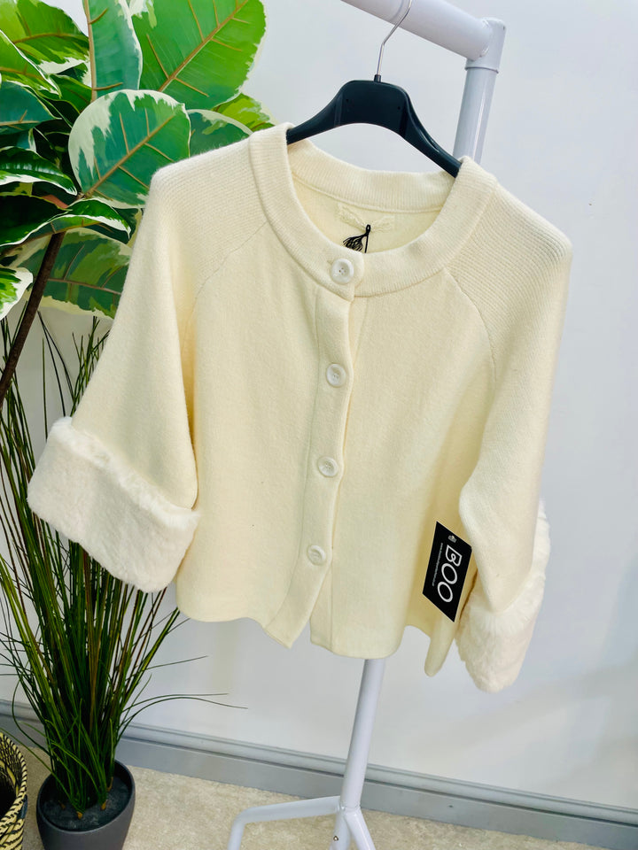 LADIES KNITTED BOLERO FAUX FUR CUFF CARDIGAN JUMPER - BLACK & CREAM