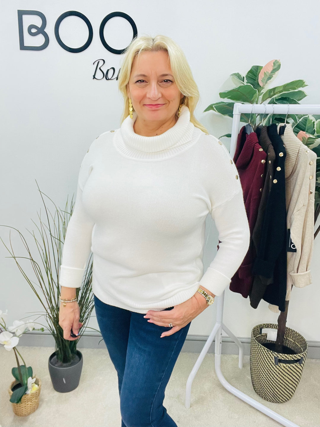 LADIES SOFT KNIT ROLL NECK JUMPER - WHITE, BLACK, BURGUNDY, BROWN & BEIGE