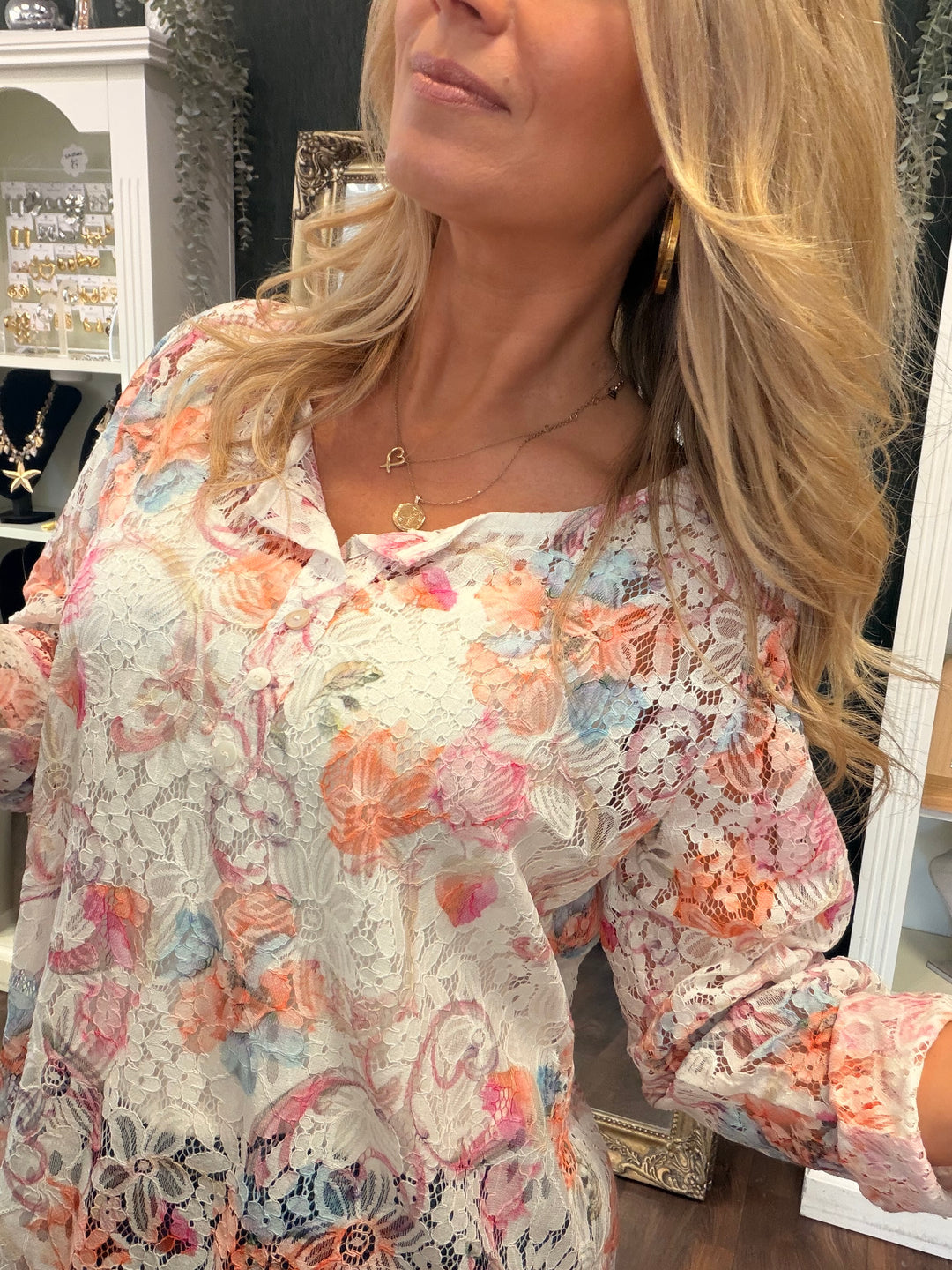Ladies Lace Grandad Top - Khaki, Pink, Beige & White