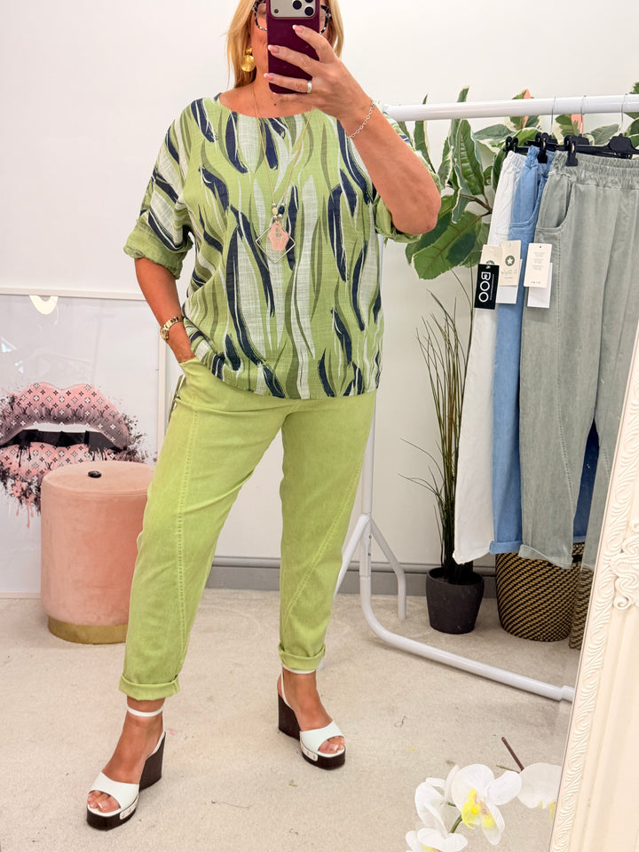 Ladies Fashion Stretch Balloon Leg Magic Trousers - White, Khaki, Denim & Lime