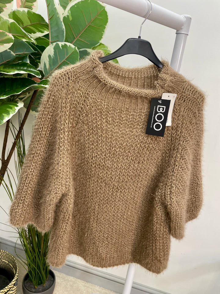 LADIES FLUFFY SHORT SLEEVE JUMPER - BROWN, BLACK, BEIGE, BLUE, BURGUNDY, MOCHA