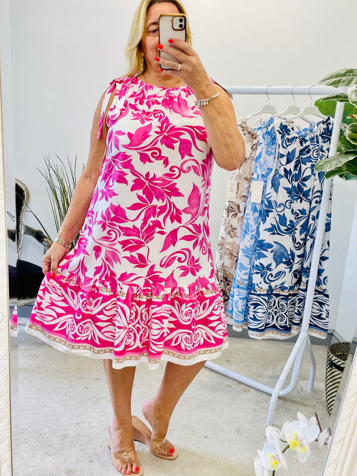 LADIES SUMMER MIDI DAY DRESS - BLUE, NAVY,  PINK, BEIGE