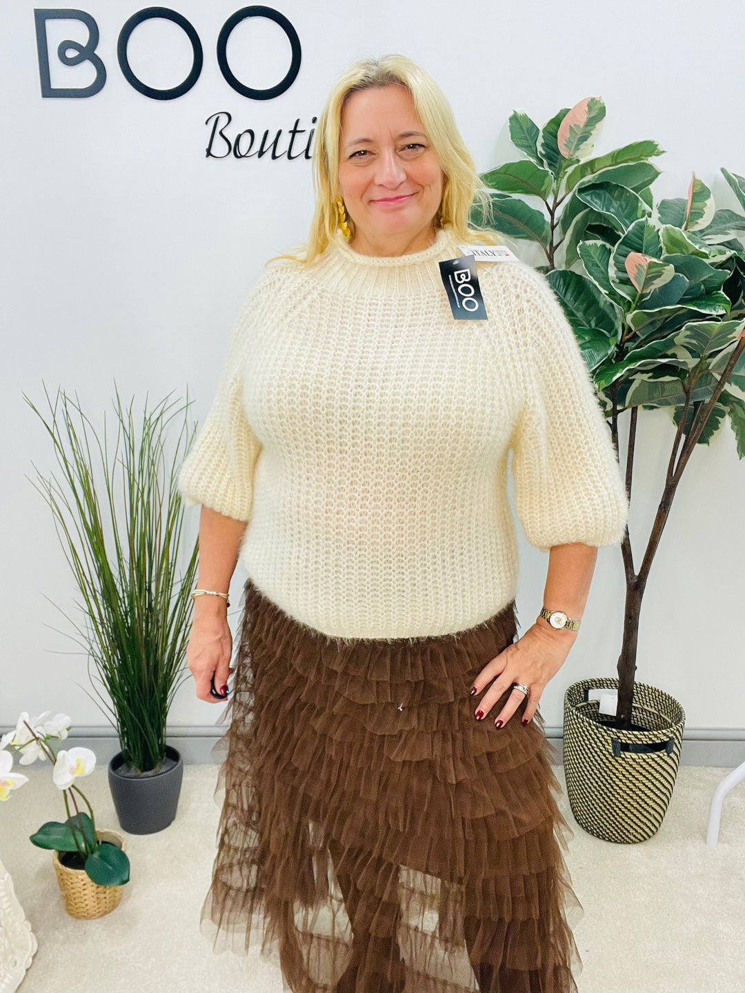 LADIES FLUFFY SHORT SLEEVE JUMPER - BROWN, BLACK, BEIGE, BLUE, BURGUNDY, MOCHA