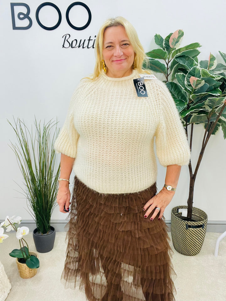 LADIES FLUFFY SHORT SLEEVE JUMPER - BROWN, BLACK, BEIGE, BLUE, BURGUNDY, MOCHA