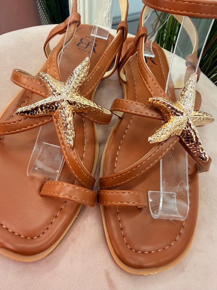 Ladies Flat Gladiator Sandals - beige and tan