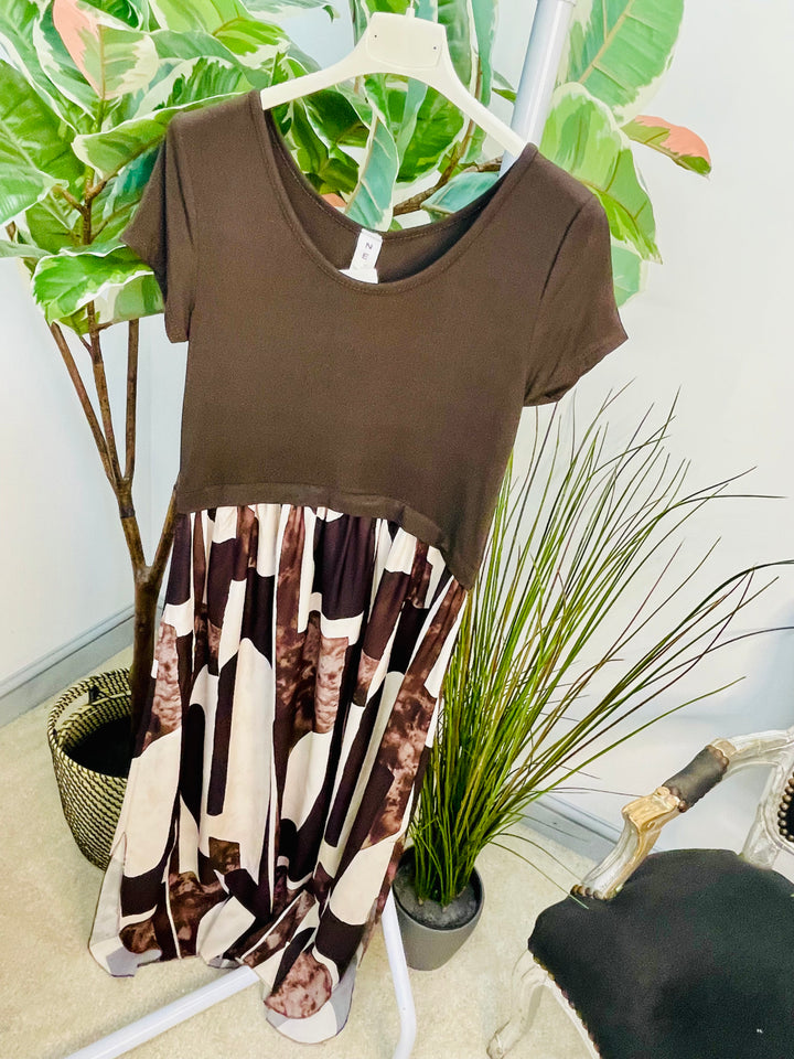 LADIES ABSTRACT PRINT T SHIRT DRESS - BLUE, NAVY, DENIM, RED & BROWN