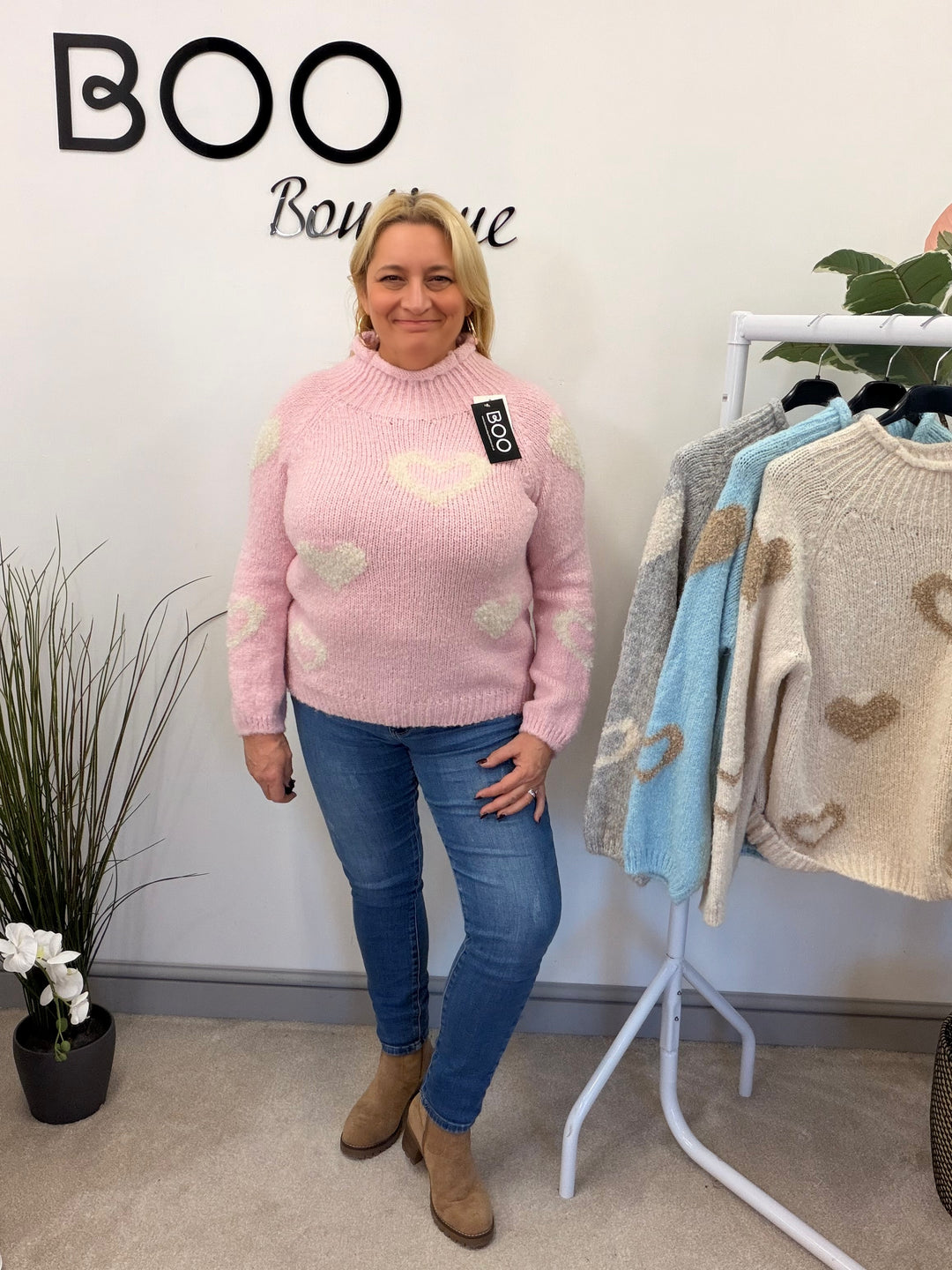 LADIES FASHION CHUNKY KNIT HEART JUMPER - PINK, BLUE, BEIGE & GREY