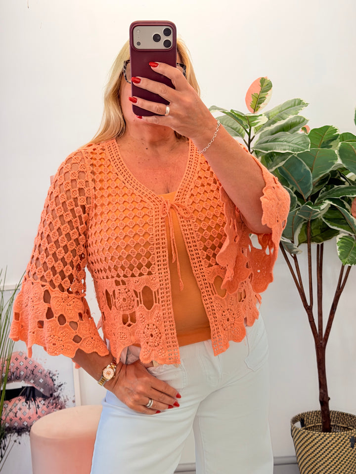 Ladies Fashion Crochet Bolero Cardigan peach coral