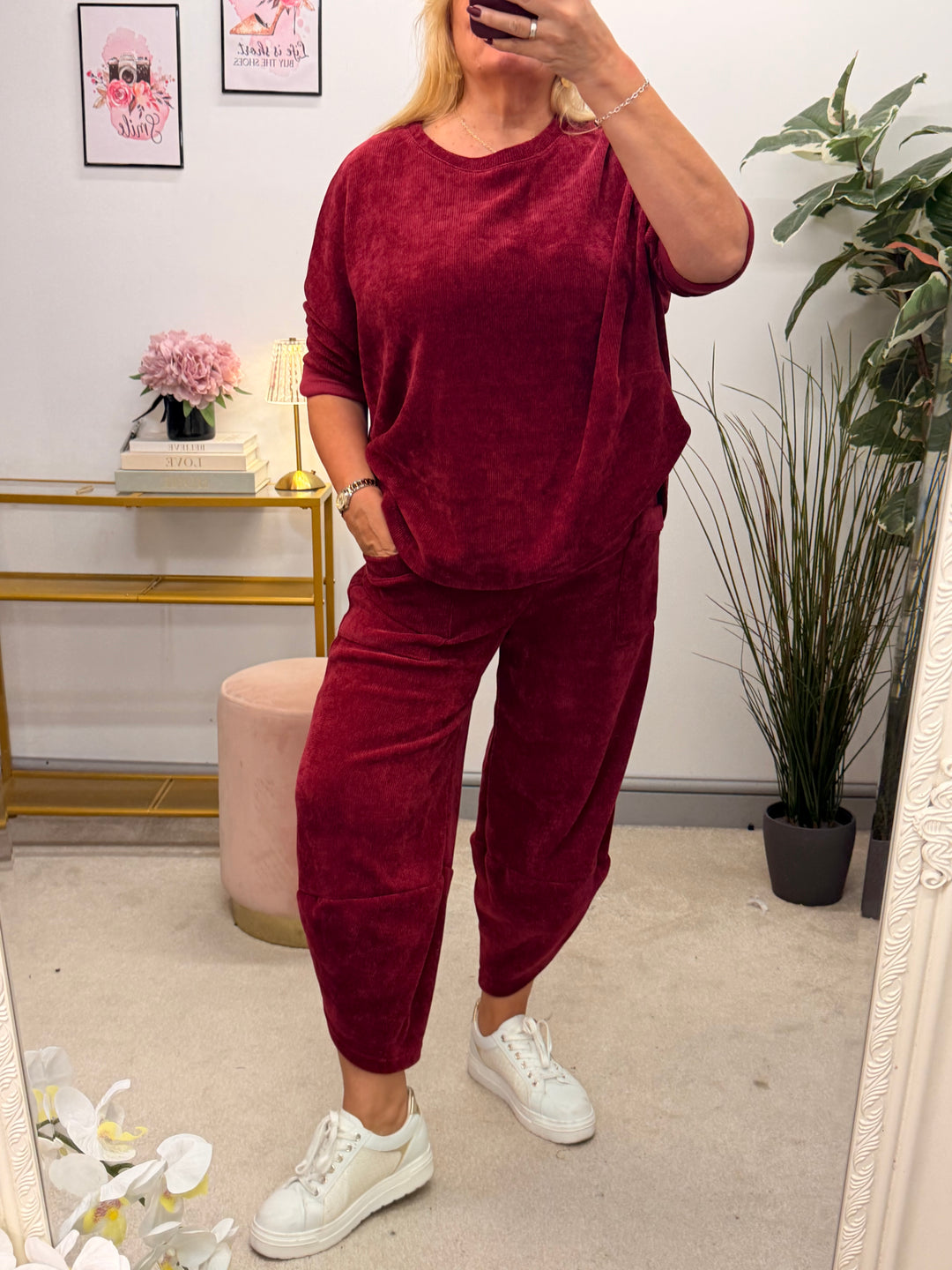 Womens chenille harem trouser two piece co ord set - black, wine, khaki & brown