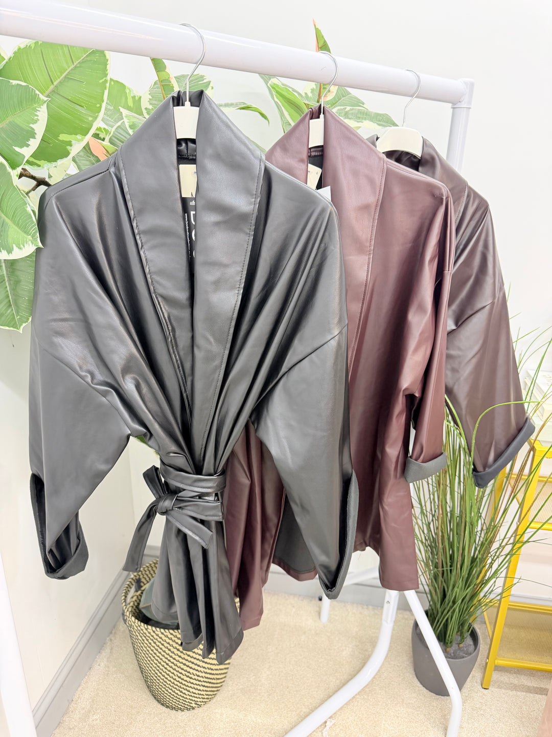 Womens fashion kimono faux leather wrap jacket - plum, black & brown
