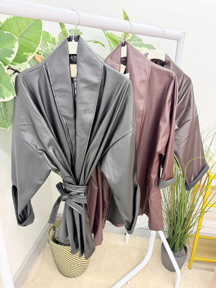 Womens fashion kimono faux leather wrap jacket - plum, black & brown