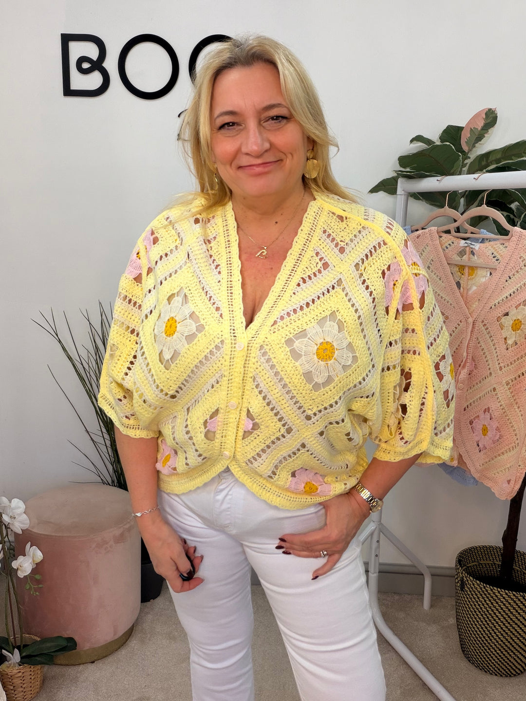 Ladies Fashion Crochet Shrug Cardigan - lemon, blue & pink